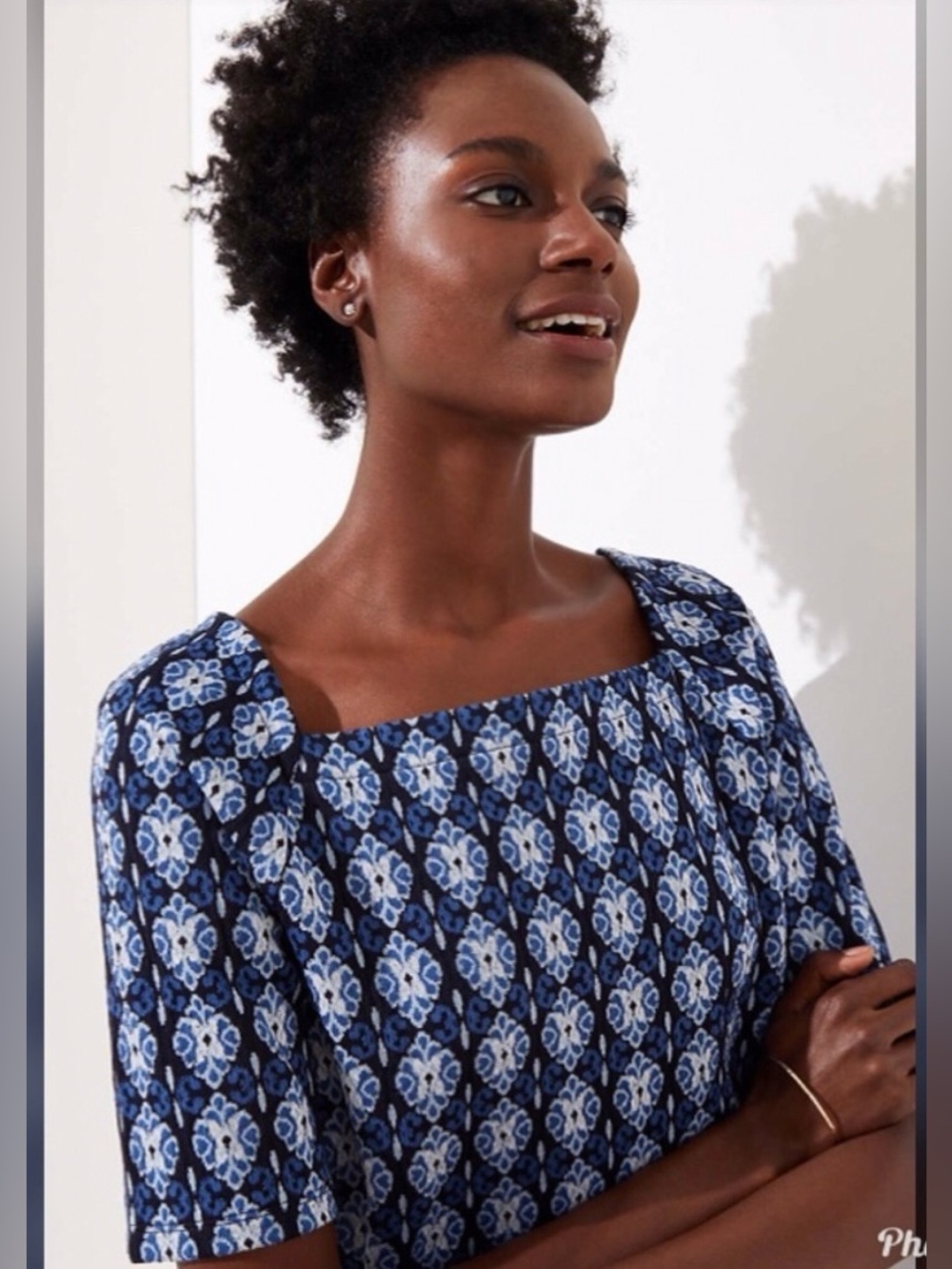 LOFT Blue Printed Square-Neck Women's Blouse